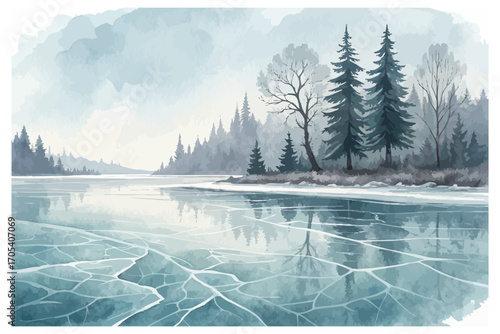 Watercolor frozen lake with reflections 