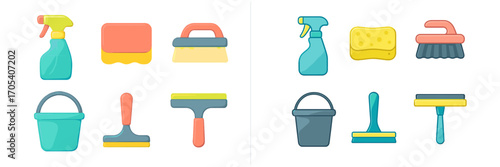 Household cleaning supplies and equipment set with various tools