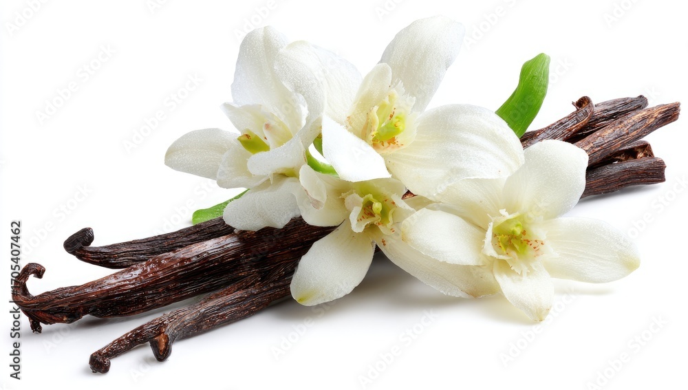 Fototapeta premium Vanilla pods and flowers on white background