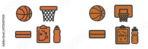 Basketball game plan icons with ball, hoop, clipboard, and water bottle