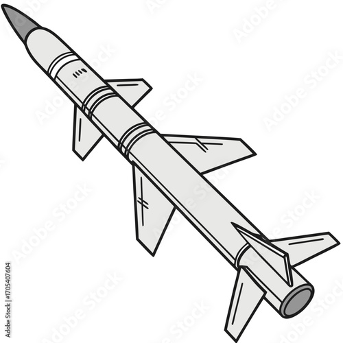 A detailed line art illustration of a modern grey missile with fins and a pointed nose cone against a white background
