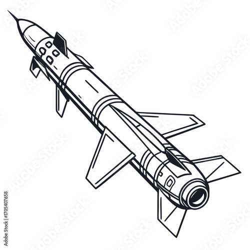 A detailed line art illustration of a military missile with fins and a pointed nose on a white background