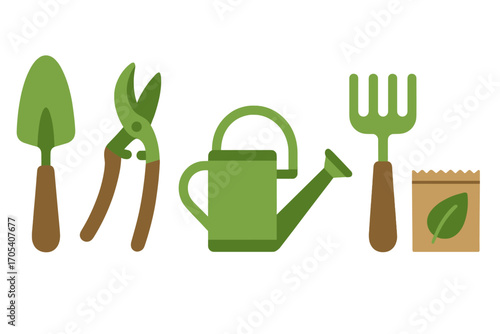 Gardening tools and seed packet with leaf icon for planting and cultivation
