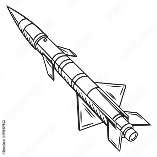 A detailed black and white line drawing illustration of a military missile with fins and a pointed nose cone