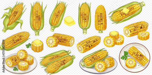 A collection of fresh yellow corn cobs in various forms, including whole, peeled, sliced, and served with melting butter and parsley.
