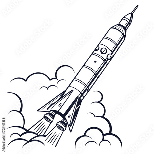 Retro style rocket launching into the sky with stylized clouds and exhaust flames in a simple line art illustration