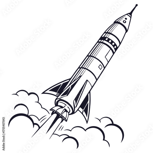 Vintage style rocket launching into the sky with smoke and flames from its engines
