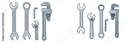 Assorted wrenches and pipe wrench tools collection on white background
