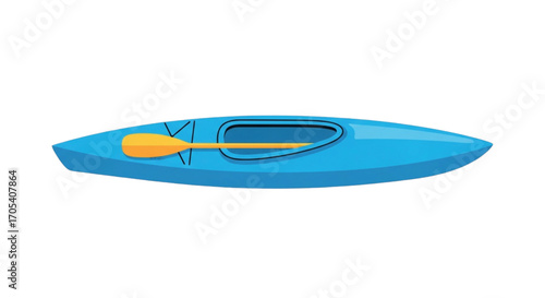 Blue Kayak with Yellow Paddle on White Background.