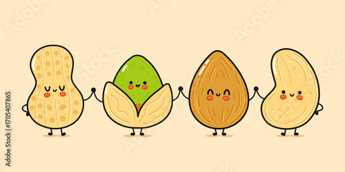 Cute cartoon nuts holding hands together with happy faces