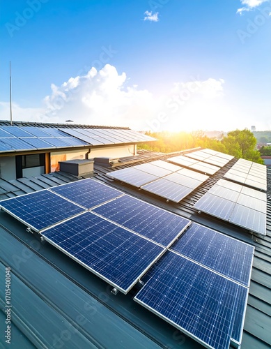 Solar panels on a house roof under a partly cloudy sky