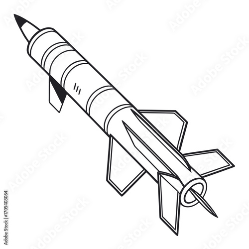 A simple black and white line drawing illustration of a missile with fins and a pointed nose cone