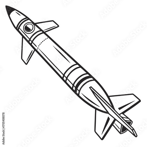 Retro style black and white illustration of a vintage rocket ship with fins and a circular window in flight