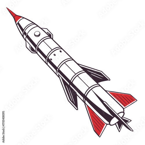 Retro style illustration of a vintage rocket ship with red accents launching into space on a white background