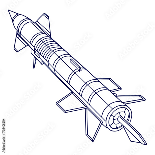 Detailed isometric line art illustration of a military missile with fins and a pointed warhead on a white background