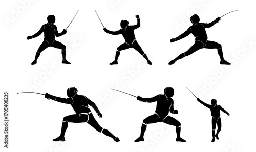 set of silhouettes of fencing athletes, isolated background