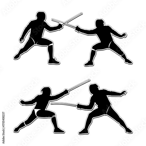 set of silhouettes of fencing athletes, isolated background