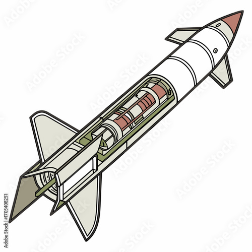 Cutaway illustration of a rocket showing its internal components engine and fins against a white background