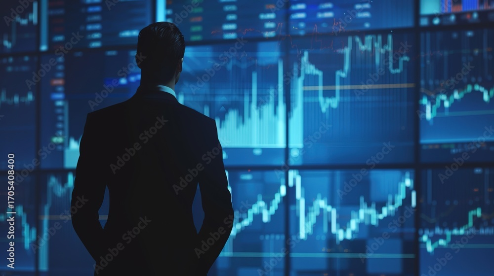 Stock exchange screens display bearish stock charts, with a full-length silhouette of a man in a suit gazing at them from behind. Long shot. Stock exchange screens display bearish stock charts, with a full-length silhouette of a man in a suit gazing at them from behind. Long shot.