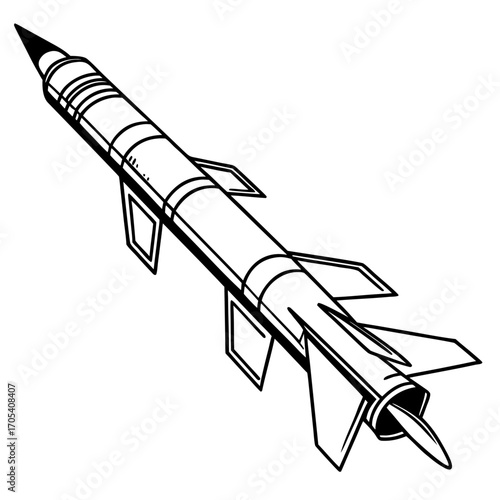 A detailed black and white line drawing illustration of a military missile with fins and a pointed nose cone