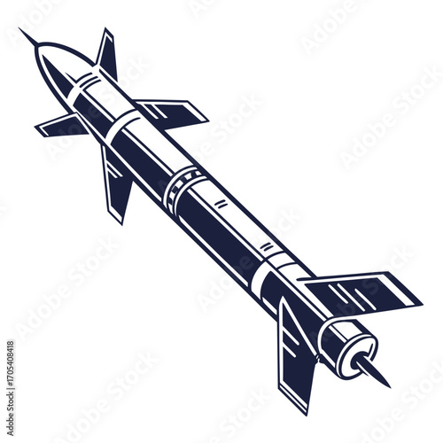 A stylized dark blue and white graphic illustration of a missile with fins and a pointed nose on a white background