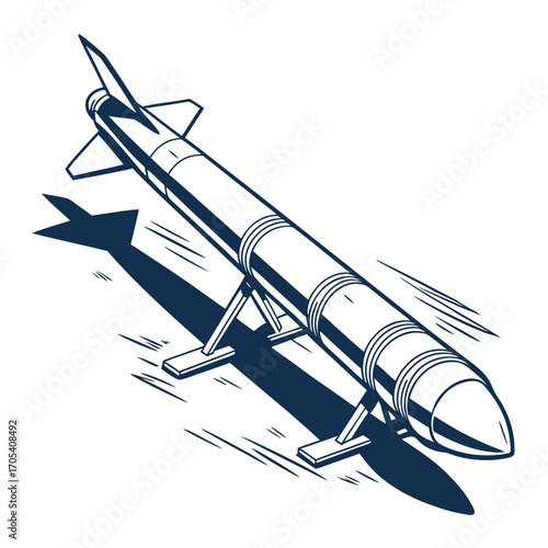 Stylized illustration of a powerful missile on a launch stand casting a long shadow with motion lines indicating readiness for launch