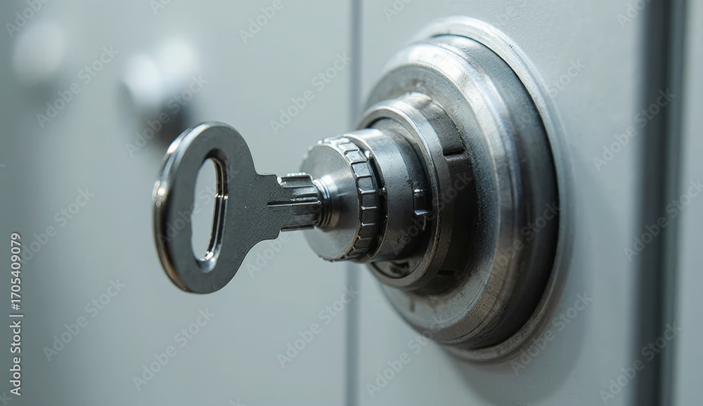 Fototapeta premium Close-up of metal key inserted into cylindrical lock, detailed metal texture and precise mechanics highlight reliability, security, access, and technical craftsmanship