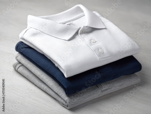 Stacked Polo Shirts: White, Navy, and Gray on Wood