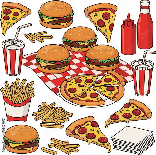 Retro Fast Food Icons with Condiments and Napkins Vector Set
