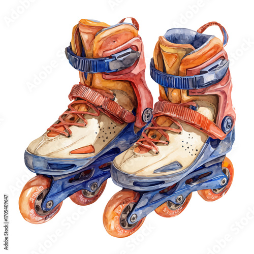 Inline Skates, watercolor painting vector, isolated on a white background.