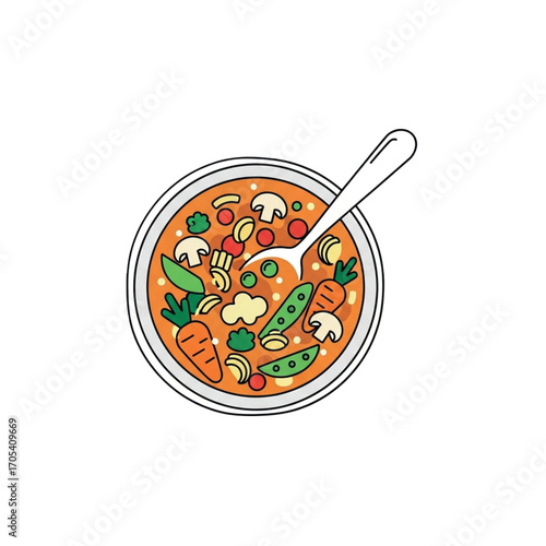 Bowl of Hearty Vegetable Soup with Spoon.