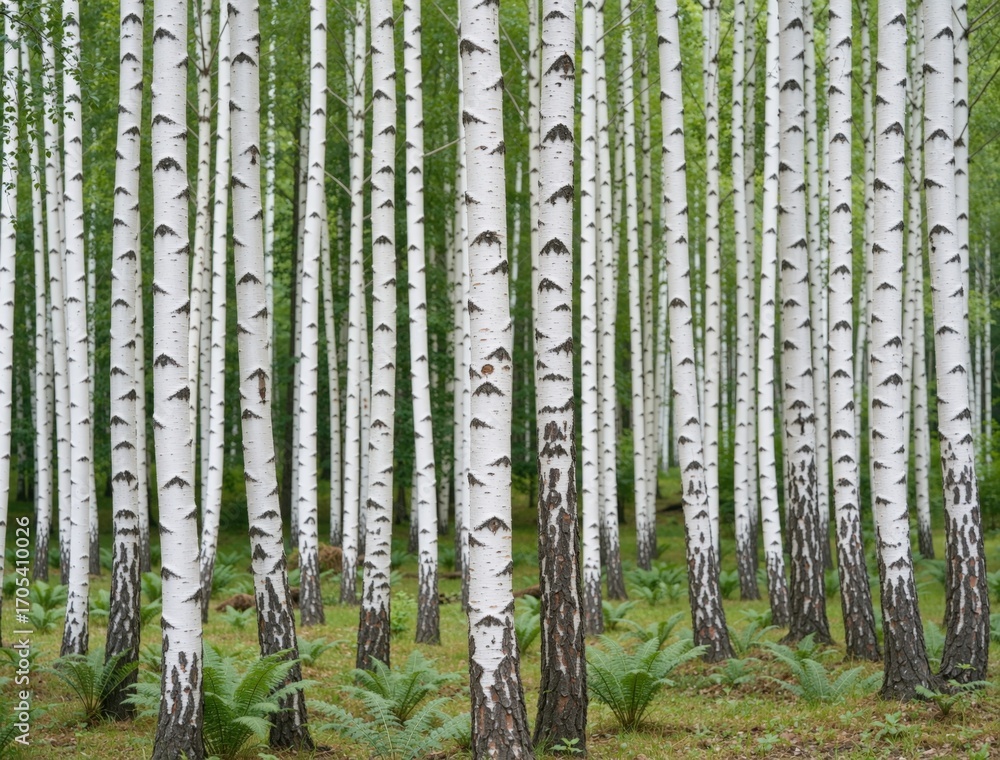 Obraz premium Birch trees growing in forest with ferns and green grass