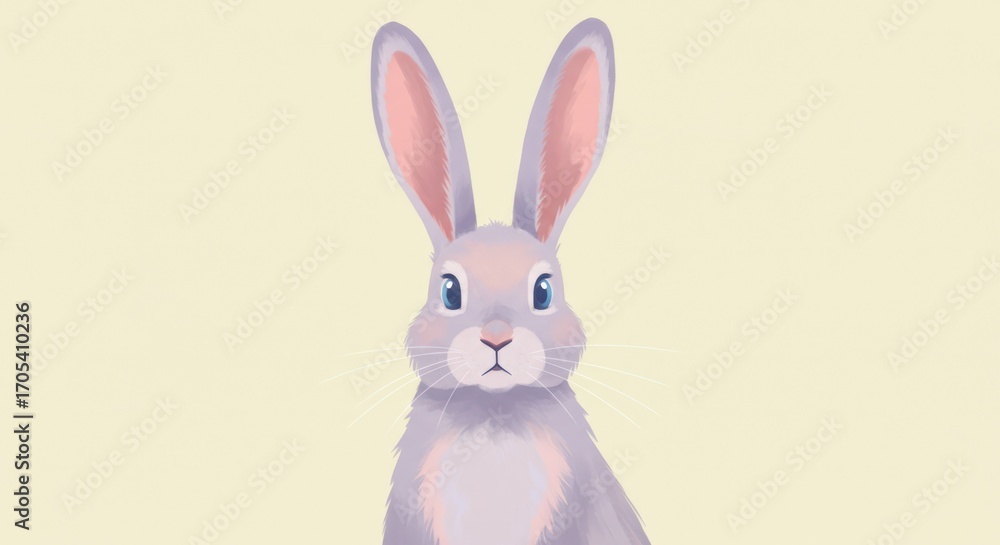 Fototapeta premium Rabbit cartoon with big ears on light yellow background. Easter bunny