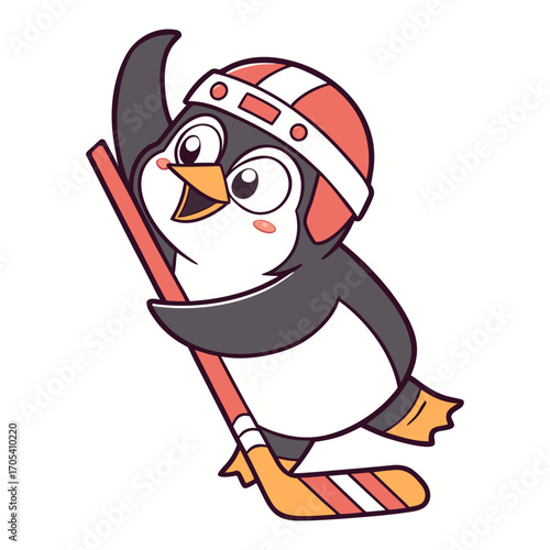 Cute Cartoon Penguin Playing Ice Hockey Vector 