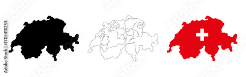 Switzerland map flag. Three styles of the Swiss country map including solid shape, dotted cantonal borders and national flag vector illustration. Travel and political geography symbol.