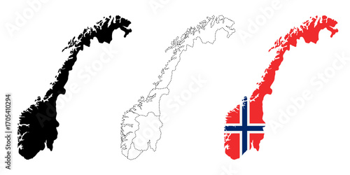 Norway map flag. Scandinavian country silhouette with administrative regions and national flag vector illustration. Political division and national territory symbol. European geography sign.