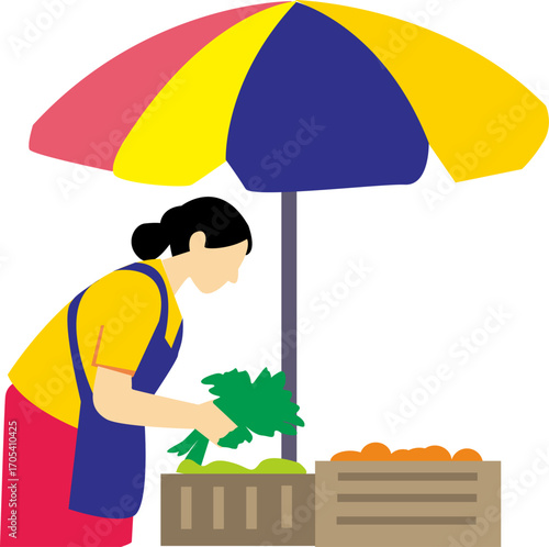 Vector illustration of a woman selling vegetables and fruits under a colorful umbrella at a traditional street market