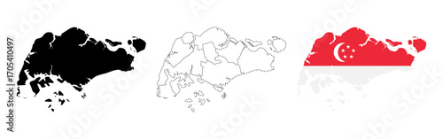 Singapore map flag. Country silhouette, dotted contour and flag-filled shape vector illustration. Asian city-state and travel destination symbol. National territory border sign.