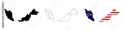 Singapore map flag. Three versions of the country map including solid shape, dotted regions and national flag vector illustration. Southeast Asia location sign. National territory symbol.