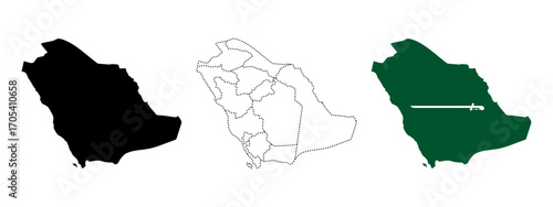 Saudi Arabia flag map. Middle Eastern country map with silhouette, dashed outline and flag vector illustration. National border sign. Arabian Peninsula geographic symbol. Political region pictogram.