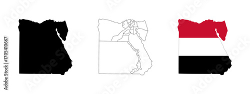 Egypt map flag. Three styles of Egypt's country shape including solid, dotted and national flag versions vector illustration. Political and geographic outline symbol.