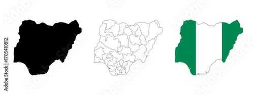 Nigeria map icon. Includes solid black silhouette, regional border map and flag-filled version vector illustration. Political geography symbol. National identity sign. African country pictogram.