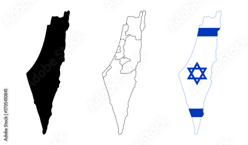 Israel map icon. National silhouette, dotted borders and flag version vector illustration. Country outline for political, geographic and educational use symbol. Tourism and identity sign.