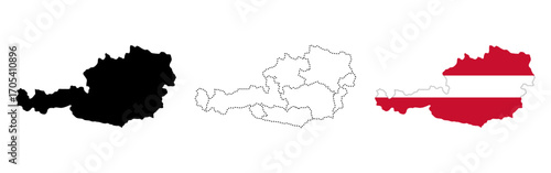 Austria map icon. Stylized silhouette, dotted regions and national flag versions vector illustration. Country location and European geography symbol. Governmental border sign. Political pictogram.