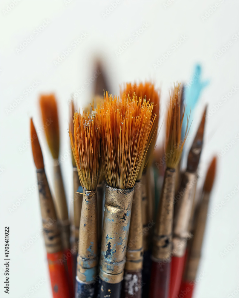 Fototapeta premium Close-Up of Used Paintbrushes for Art and Craft