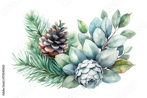 Watercolor Eucalyptus and Pine Cone Arrangement for Christmas 