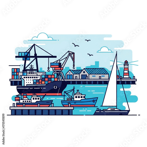 Busy Harbor with Cargo Ships and Sailboat.