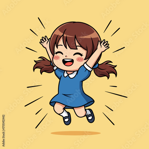 A cheerful cartoon girl jumping for joy, an illustration of pure happiness and excitement