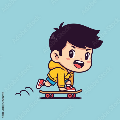 Dynamic Cartoon Boy Skateboarding with a Joyful Smile