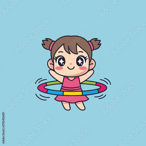 Cute cartoon girl character playing with a colorful hula hoop